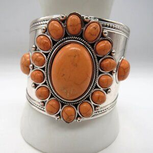 Room to Roam Silver‎ Tone Cuff Bracelet Imitation Orange Stone Accents Paparazzi